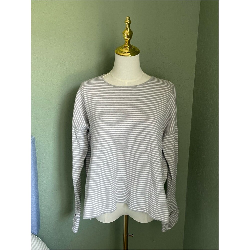 Eileen Fisher Cotton Silk Striped Sweater Silver Light Gray White Size SP